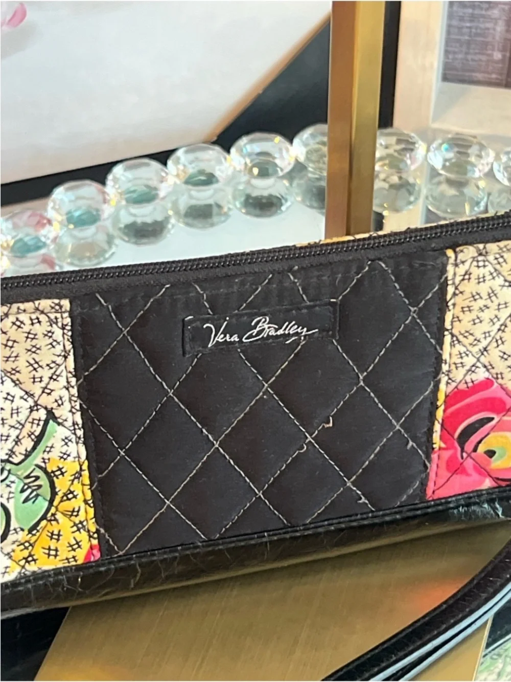 Vera Bradley Black Quilted Wristlet with Floral Patchwork Accents